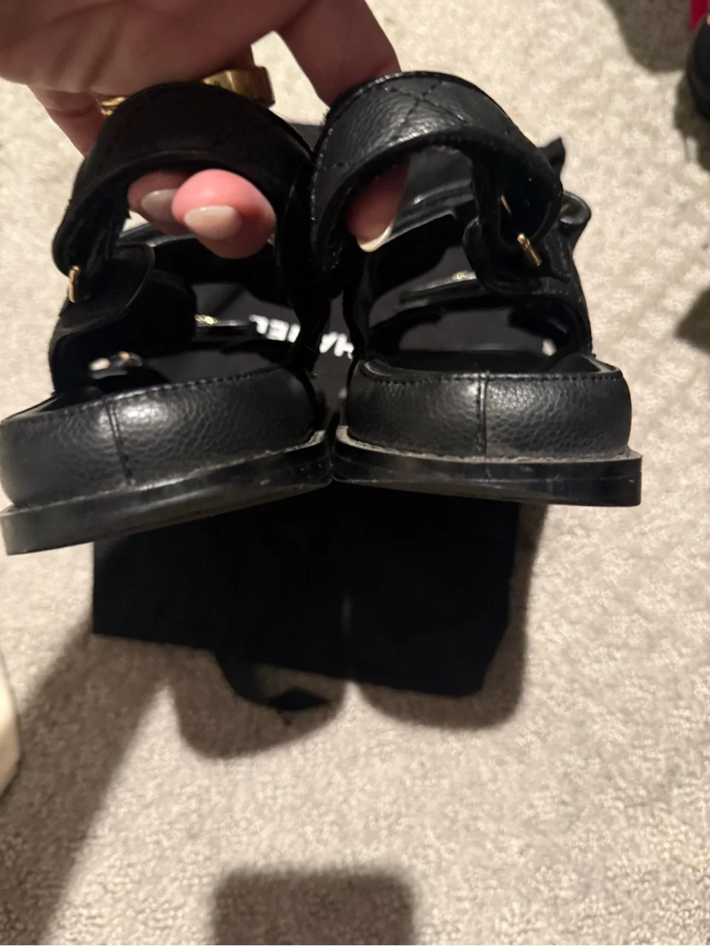 CHANEL Black Quilted Leather Double-Strap Sandals with Gold CC Logo